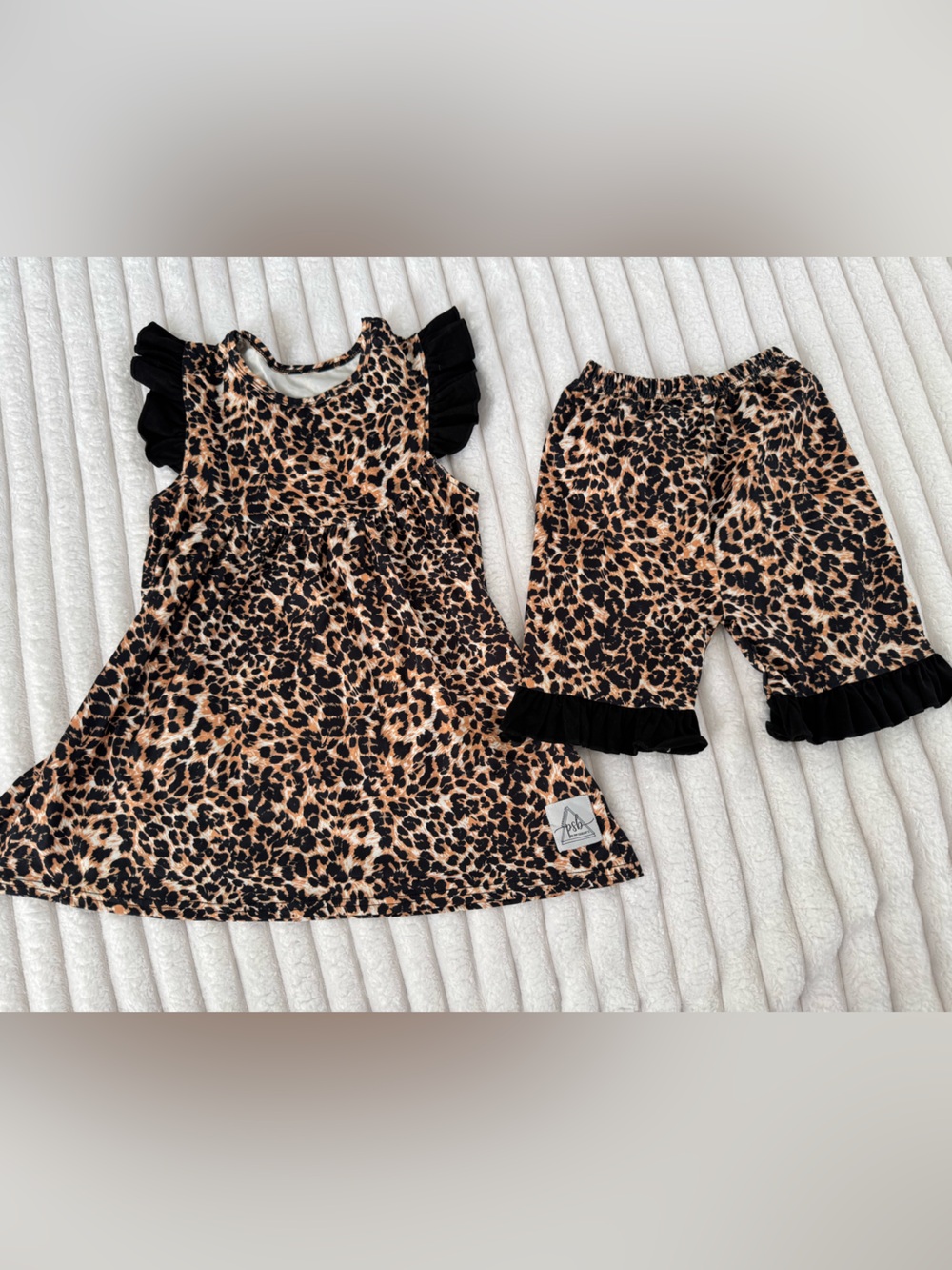 Pipperdoodles Leopard Print Ruffle Tunic Dress & Shorts Set - Black & Tan